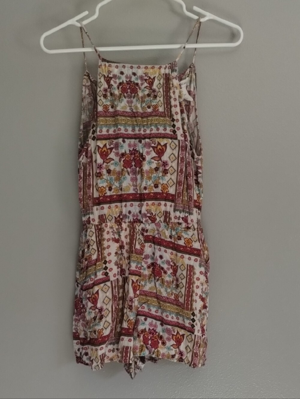 H&M Coachella Floral Boho Romper in Cream, Burgundy & Mustard Sz 2